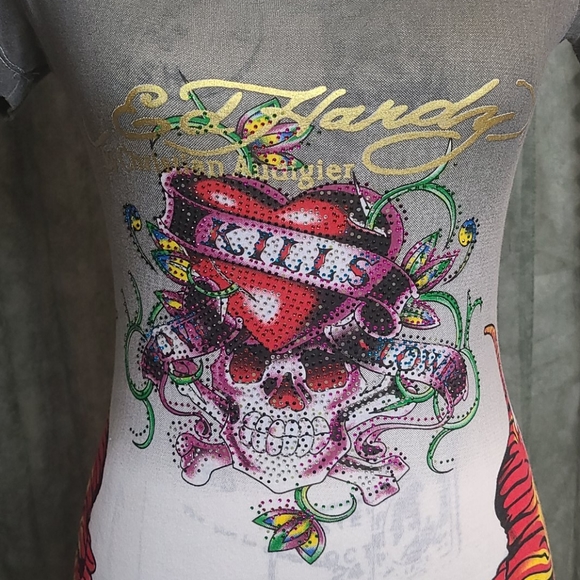 Ed Hardy extra long tee with logo and crystals Med - Picture 2 of 16